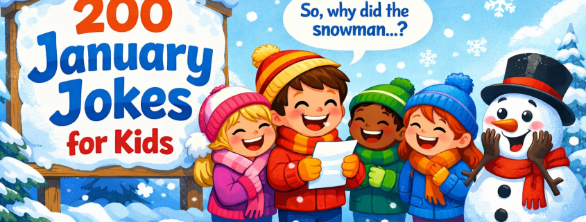 Playful winter illustration of four smiling cartoon kids bundled in colorful hats and scarves, laughing together in falling snow as one child reads a joke from a paper. A cheerful snowman nearby reacts with surprise. A snowy sign reads ‘200 January Jokes for Kids,’ with bright blue, red, and orange lettering. The scene feels joyful and cozy, with a clear blue sky, soft snowflakes, and subtle ‘FunAttic. Since 1998’ branding in the bottom-right corner
