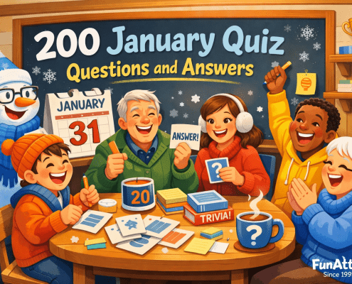 Illustrated winter quiz night scene in a cozy indoor setting, with a diverse group of cheerful people of different ages gathered around a table playing a quiz. A smiling snowman wearing glasses holds a quiz card, a chalkboard displays the title “200 January Quiz Questions and Answers,” and a January calendar is visible nearby. Warm mugs, quiz cards, and playful trivia details fill the scene in bright winter blues and warm yellows, with subtle branding text “FunAttic. Since 1998” in the bottom-right corner.