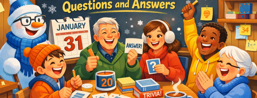 Illustrated winter quiz night scene in a cozy indoor setting, with a diverse group of cheerful people of different ages gathered around a table playing a quiz. A smiling snowman wearing glasses holds a quiz card, a chalkboard displays the title “200 January Quiz Questions and Answers,” and a January calendar is visible nearby. Warm mugs, quiz cards, and playful trivia details fill the scene in bright winter blues and warm yellows, with subtle branding text “FunAttic. Since 1998” in the bottom-right corner.