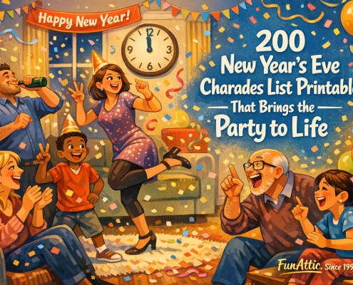 Illustration of a joyful New Year’s Eve charades game in a cozy living room just before midnight. Adults and kids of diverse backgrounds are frozen mid-action pretending to pop champagne, count down with fingers, and dance in party hats while others laugh and guess. Confetti floats through the air, festive streamers and balloons decorate the room, and a wall clock reads 11:59. The article title “200 New Year’s Eve Charades List Printable That Brings the Party to Life” is integrated into the artwork, with subtle “FunAttic. Since 1998” branding in the bottom-right corner.