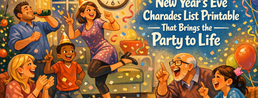 Illustration of a joyful New Year’s Eve charades game in a cozy living room just before midnight. Adults and kids of diverse backgrounds are frozen mid-action pretending to pop champagne, count down with fingers, and dance in party hats while others laugh and guess. Confetti floats through the air, festive streamers and balloons decorate the room, and a wall clock reads 11:59. The article title “200 New Year’s Eve Charades List Printable That Brings the Party to Life” is integrated into the artwork, with subtle “FunAttic. Since 1998” branding in the bottom-right corner.