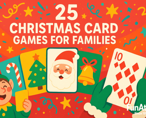 Vibrant whimsical illustrated blog header reading “25 Christmas Card Games for Families” centered on a festive red-orange background with confetti and stars; a smiling elf and a gloved hand hold oversized Christmas-themed playing cards (candy cane, tree, Santa, bell, and a 10 of diamonds), with “FunAttic. Since 1998” in the bottom-right corner.