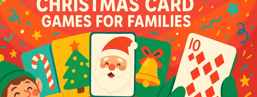 Vibrant whimsical illustrated blog header reading “25 Christmas Card Games for Families” centered on a festive red-orange background with confetti and stars; a smiling elf and a gloved hand hold oversized Christmas-themed playing cards (candy cane, tree, Santa, bell, and a 10 of diamonds), with “FunAttic. Since 1998” in the bottom-right corner.