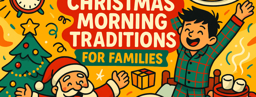 A playful, brightly colored Christmas illustration featuring a cheerful child in pajamas jumping out of bed, Santa Claus with open arms, a decorated Christmas tree, wrapped presents, a clock striking 7:00, pancakes, and a mug of hot cocoa with marshmallows. The title “25 Christmas Morning Traditions for Families” appears in bold festive lettering, with “FunAttic. Since 1998” in the bottom right corner.