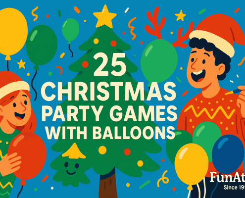 Vibrant, whimsical illustrated blog header featuring bold, saturated colors: a smiling Christmas tree and festive confetti with colorful balloons floating around two cheerful party guests in Santa hats. Centered title text reads “25 Christmas Party Games with Balloons,” with “FunAttic. Since 1998” in the bottom-right corner.
