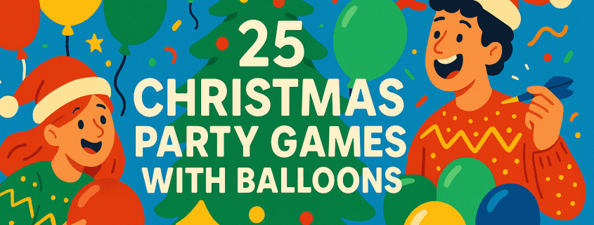 Vibrant, whimsical illustrated blog header featuring bold, saturated colors: a smiling Christmas tree and festive confetti with colorful balloons floating around two cheerful party guests in Santa hats. Centered title text reads “25 Christmas Party Games with Balloons,” with “FunAttic. Since 1998” in the bottom-right corner.