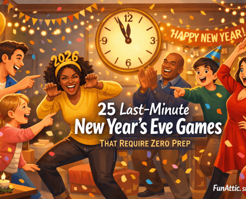 Illustrated New Year’s Eve living room party with diverse adults and kids laughing and playing no-prep games like charades and freeze dance as confetti falls. A glowing wall clock nears midnight, with balloons, streamers, sparklers, and warm string lights creating a joyful, cozy atmosphere. The headline “25 Last-Minute New Year’s Eve Games That Require Zero Prep” is integrated into the scene, with subtle “FunAttic. Since 1998” branding in the bottom-right.