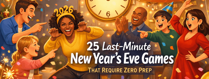 Illustrated New Year’s Eve living room party with diverse adults and kids laughing and playing no-prep games like charades and freeze dance as confetti falls. A glowing wall clock nears midnight, with balloons, streamers, sparklers, and warm string lights creating a joyful, cozy atmosphere. The headline “25 Last-Minute New Year’s Eve Games That Require Zero Prep” is integrated into the scene, with subtle “FunAttic. Since 1998” branding in the bottom-right.