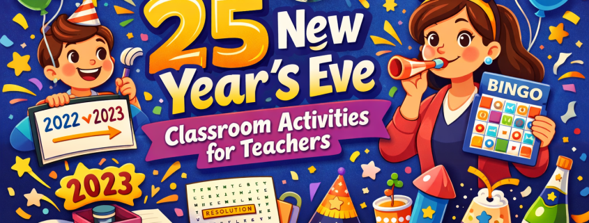 A colorful, whimsical digital illustration showing a festive classroom New Year's Eve celebration. A cheerful female teacher wearing a “Happy New Year” headband blows a party horn and holds a vibrant BINGO card. On the left, a smiling student in a party hat holds a sign transitioning from 2022 to 2023. The scene is decorated with balloons, streamers, confetti, a disco ball, and a variety of playful New Year’s elements like hats, fireworks, and a resolution word search. The bold title “25 New Year’s Eve Classroom Activities for Teachers” is prominently displayed in the center with bright, energetic typography. In the bottom-right corner, the text reads “FunAttic. Since 1998.