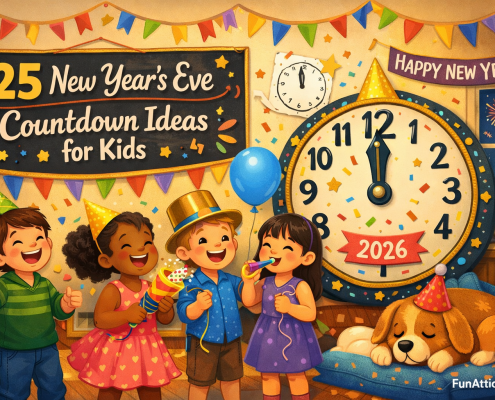 Illustrated New Year’s Eve scene for kids in a cozy living room, with diverse children laughing and celebrating around a colorful countdown clock near midnight. Kids hold balloons, glow sticks, and party poppers as confetti fills the air. A playful banner reads “25 New Year’s Eve Countdown Ideas for Kids,” while a sleepy stuffed dog in a tiny party hat rests nearby. Warm, bright colors create a joyful mood, with open space on one side for text and subtle branding in the corner reading “FunAttic. Since 1998.”