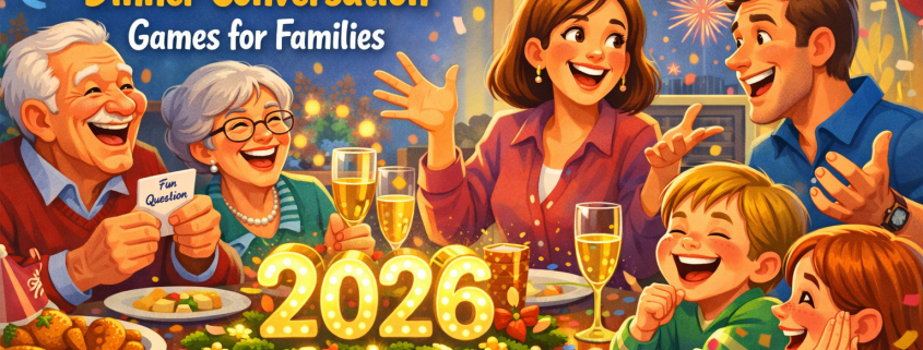 Illustrated New Year’s Eve family dinner scene with parents, children, and grandparents laughing and talking around a festive table. One person holds a conversation card while others gesture animatedly and a child giggles. The table is decorated with confetti, party hats, sparkling drinks, and a glowing “2026” centerpiece. Bright, cheerful colors and soft lighting create a warm, joyful mood. The title “25 New Year’s Eve Dinner Conversation Games for Families” appears in the upper-left, with subtle branding text “FunAttic. Since 1998” in the bottom-right.