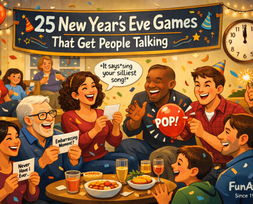 Illustrated New Year’s Eve house party in a cozy living room, shown just before midnight. A diverse group of adults and families laugh and play conversation games, holding prompt cards, popping a balloon, and reading notes as confetti floats in the air. Warm string lights, balloons, and sparklers frame the scene, and a wall clock reads 11:58 PM. A festive banner reads “25 New Year’s Eve Games That Get People Talking,” with subtle branding text “FunAttic. Since 1998” in the bottom-right corner.