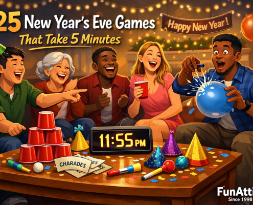 Illustrated New Year’s Eve living room party with a diverse group laughing and playing quick games around a coffee table. Party hats, confetti, cups, balloons, and charades cards surround a digital countdown clock reading 11:55 PM. Warm string lights and a “Happy New Year” banner glow in the background. The title “25 New Year’s Eve Games That Take 5 Minutes” appears in the upper-left, with subtle branding “FunAttic. Since 1998” in the bottom-right.
