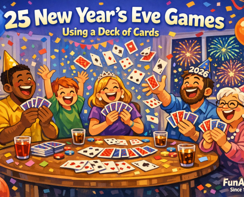 Colorful cartoon illustration of a joyful New Year’s Eve card game, with a diverse group of people laughing around a table as playing cards fly through the air. Confetti, balloons, party hats, and fireworks outside a window create a festive atmosphere, with the headline “25 New Year’s Eve Games Using a Deck of Cards” at the top and subtle “FunAttic. Since 1998” branding in the corner.