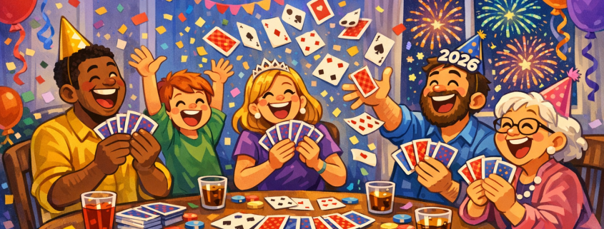 Colorful cartoon illustration of a joyful New Year’s Eve card game, with a diverse group of people laughing around a table as playing cards fly through the air. Confetti, balloons, party hats, and fireworks outside a window create a festive atmosphere, with the headline “25 New Year’s Eve Games Using a Deck of Cards” at the top and subtle “FunAttic. Since 1998” branding in the corner.