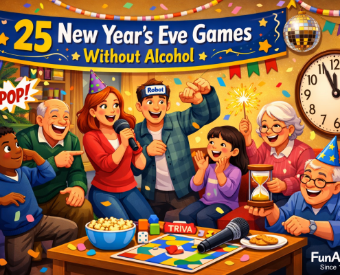 Bright, FunAttic-style illustration of a cozy New Year’s Eve living room party with a diverse group of kids, adults, and seniors playing alcohol-free games. People laugh and cheer while playing charades, singing karaoke, holding sparklers, and dancing mid-freeze. Board games, trivia cards, popcorn, balloons, confetti, party hats, and a popping balloon fill the scene. A wall clock nears midnight, and a festive banner reads ‘25 New Year’s Eve Games Without Alcohol.’ Warm, cheerful colors and clean lighting create a joyful, welcoming mood, with subtle ‘FunAttic. Since 1998’ branding in the corner.