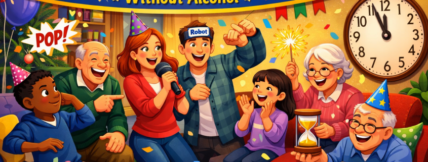 Bright, FunAttic-style illustration of a cozy New Year’s Eve living room party with a diverse group of kids, adults, and seniors playing alcohol-free games. People laugh and cheer while playing charades, singing karaoke, holding sparklers, and dancing mid-freeze. Board games, trivia cards, popcorn, balloons, confetti, party hats, and a popping balloon fill the scene. A wall clock nears midnight, and a festive banner reads ‘25 New Year’s Eve Games Without Alcohol.’ Warm, cheerful colors and clean lighting create a joyful, welcoming mood, with subtle ‘FunAttic. Since 1998’ branding in the corner.