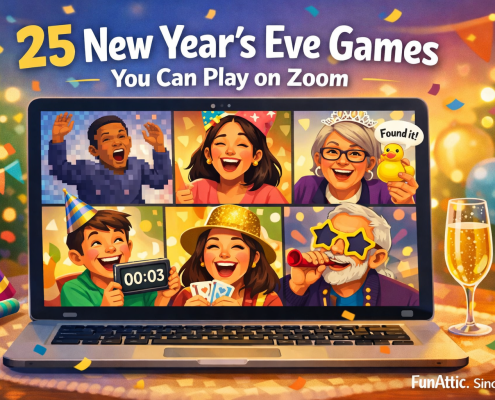 Illustrated blog header showing a joyful virtual New Year’s Eve party inside a laptop screen. A diverse group of people laugh and play games on a Zoom call, wearing festive hats and holding party props. One person appears frozen mid-dance, another holds up a scavenger hunt item, while confetti floats gently around the scene. The headline reads “25 New Year’s Eve Games You Can Play on Zoom,” with warm, bright colors and a cozy celebratory mood. The branding “FunAttic. Since 1998” appears subtly in the bottom-right corner.
