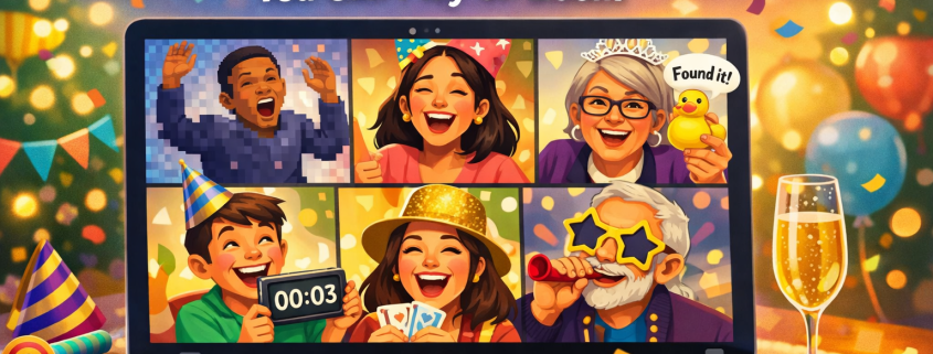 Illustrated blog header showing a joyful virtual New Year’s Eve party inside a laptop screen. A diverse group of people laugh and play games on a Zoom call, wearing festive hats and holding party props. One person appears frozen mid-dance, another holds up a scavenger hunt item, while confetti floats gently around the scene. The headline reads “25 New Year’s Eve Games You Can Play on Zoom,” with warm, bright colors and a cozy celebratory mood. The branding “FunAttic. Since 1998” appears subtly in the bottom-right corner.