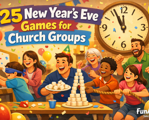 Joyful illustrated church group celebrating New Year’s Eve inside a warmly lit hall, with kids, teens, and adults laughing and playing party games amid balloons and confetti, a large clock near midnight in the background, and bold headline text reading “25 New Year’s Eve Games for Church Groups,” plus small branding text “FunAttic. Since 1998.