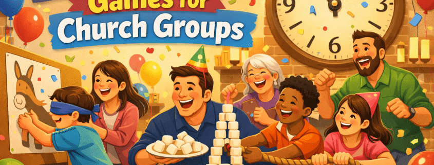 Joyful illustrated church group celebrating New Year’s Eve inside a warmly lit hall, with kids, teens, and adults laughing and playing party games amid balloons and confetti, a large clock near midnight in the background, and bold headline text reading “25 New Year’s Eve Games for Church Groups,” plus small branding text “FunAttic. Since 1998.
