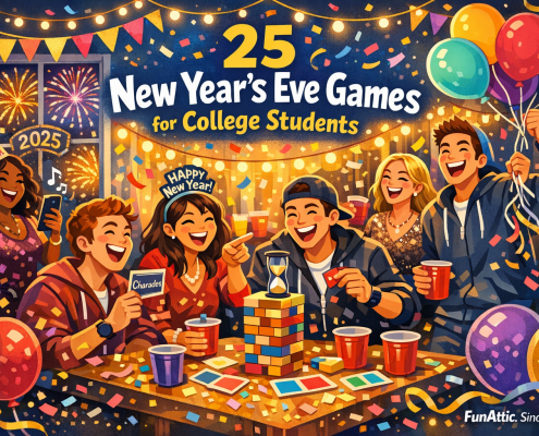 Illustrated New Year’s Eve house party with diverse college students laughing and playing games around a table, dancing, holding balloons and drinks under string lights and confetti, fireworks visible through a window, and bold headline text reading “25 New Year’s Eve Games for College Students,” with subtle “FunAttic. Since 1998” branding in the corner.