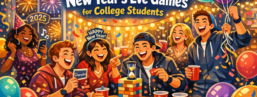 Illustrated New Year’s Eve house party with diverse college students laughing and playing games around a table, dancing, holding balloons and drinks under string lights and confetti, fireworks visible through a window, and bold headline text reading “25 New Year’s Eve Games for College Students,” with subtle “FunAttic. Since 1998” branding in the corner.
