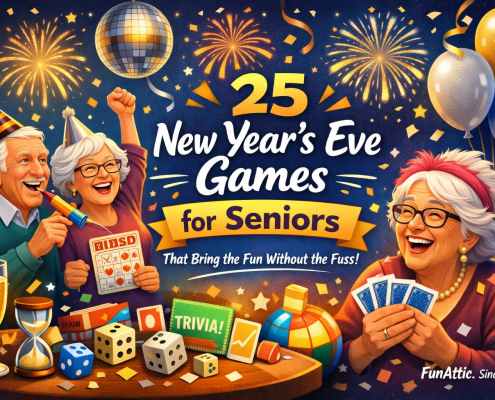 Illustration of happy seniors playing games and celebrating New Year’s Eve with cards, bingo, dice, balloons, and fireworks, featuring the title “25 New Year’s Eve Games for Seniors That Bring the Fun Without the Fuss” in a colorful festive style.