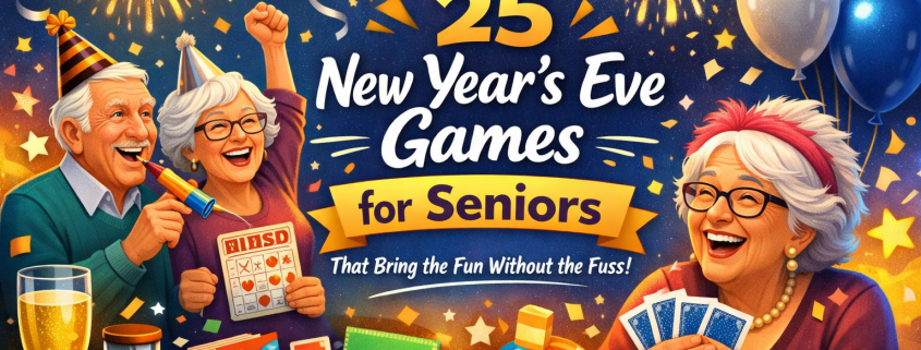 Illustration of happy seniors playing games and celebrating New Year’s Eve with cards, bingo, dice, balloons, and fireworks, featuring the title “25 New Year’s Eve Games for Seniors That Bring the Fun Without the Fuss” in a colorful festive style.