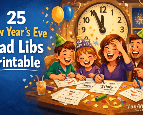 Illustrated New Year’s Eve scene in a bright, playful FunAttic-style: a mixed group of kids and adults laugh around a table filling out Mad Libs worksheets with pens and markers, one person reacting dramatically to a funny word choice. Confetti, balloons, and streamers decorate the room, with a large countdown clock nearing midnight and subtle fireworks visible through a window. The title “25 New Year’s Eve Mad Libs Printable” appears clearly in the design, with open negative space for text, and “FunAttic. Since 1998” is subtly placed in the bottom-right corner.