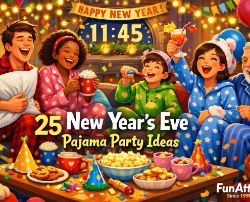 Illustrated New Year’s Eve pajama party in a cozy living room with diverse friends and family laughing on a couch, wearing colorful pajamas and fuzzy socks. A coffee table holds popcorn, cookies, cocoa mugs, party hats, and confetti. Fairy lights, balloons, and a countdown clock reading 11:45 decorate the background. One person laughs holding a pillow while another raises a mocktail. The title “25 New Year’s Eve Pajama Party Ideas” appears prominently, with “FunAttic. Since 1998” in the bottom-right corner.