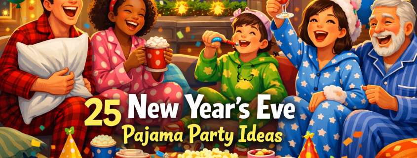 Illustrated New Year’s Eve pajama party in a cozy living room with diverse friends and family laughing on a couch, wearing colorful pajamas and fuzzy socks. A coffee table holds popcorn, cookies, cocoa mugs, party hats, and confetti. Fairy lights, balloons, and a countdown clock reading 11:45 decorate the background. One person laughs holding a pillow while another raises a mocktail. The title “25 New Year’s Eve Pajama Party Ideas” appears prominently, with “FunAttic. Since 1998” in the bottom-right corner.