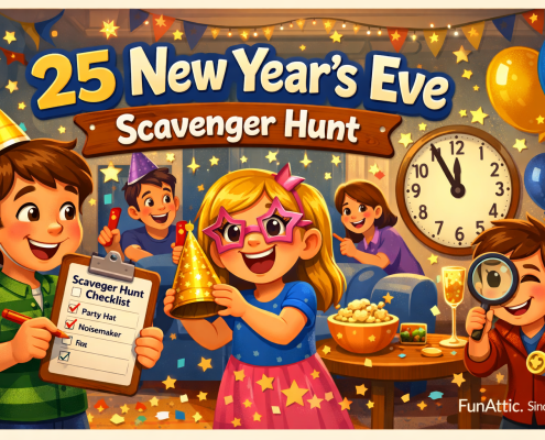 Illustrated hero image of a cozy indoor New Year’s Eve party where smiling children and family members are mid–scavenger hunt, searching for festive items like a party hat, a checklist on a clipboard, balloons, confetti, and sparkly decorations. A large clock shows minutes before midnight as the title “25 New Year’s Eve Scavenger Hunt” appears prominently in the scene, with warm lighting, bright cheerful colors, and subtle branding text reading “FunAttic. Since 1998” in the bottom-right corner.