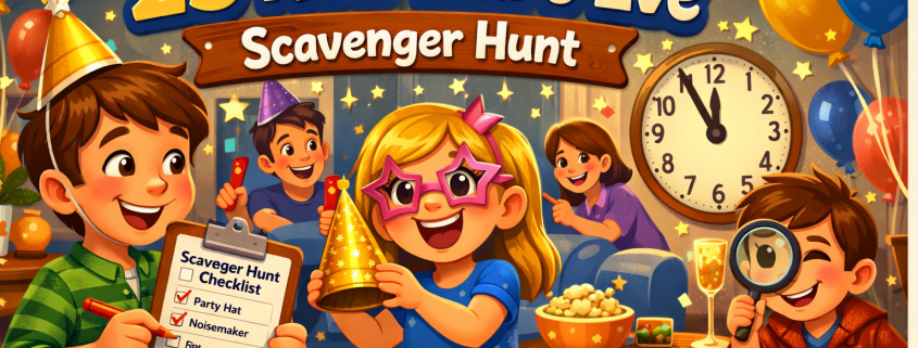 Illustrated hero image of a cozy indoor New Year’s Eve party where smiling children and family members are mid–scavenger hunt, searching for festive items like a party hat, a checklist on a clipboard, balloons, confetti, and sparkly decorations. A large clock shows minutes before midnight as the title “25 New Year’s Eve Scavenger Hunt” appears prominently in the scene, with warm lighting, bright cheerful colors, and subtle branding text reading “FunAttic. Since 1998” in the bottom-right corner.