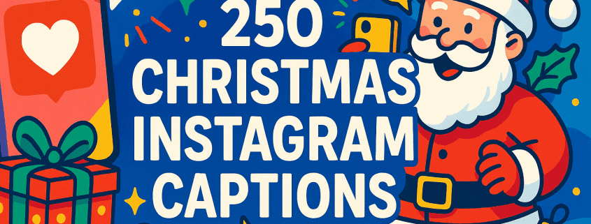 ChatGPT said: A vibrant, whimsical 16:9 digital illustration for a blog header reading “250 Christmas Instagram Captions” in bold white centered text, surrounded by playful holiday icons (Santa taking a selfie, a smartphone with heart/like bubble, gift box, candy cane, ornaments, holly, stars) on a bright blue festive background; “FunAttic. Since 1998” appears subtly in the bottom-right corner.