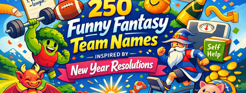 A colorful, whimsical digital illustration promoting a blog article titled “250 Funny Fantasy Team Names Inspired by New Year Resolutions.” The scene includes playful characters like a muscular broccoli lifting a barbell, a wizard jogging on a treadmill, and a dragon meditating. Other festive elements include a football wearing a party hat, fireworks, a castle, a piggy bank surrounded by coins, a self-help book, a calendar showing January 1st, and confetti. A bold title banner sits in the center, with “FunAttic. Since 1998” subtly placed in the bottom-right corner.