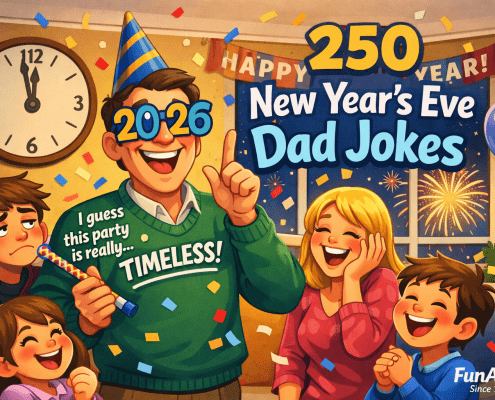Illustrated New Year’s Eve living room party with a cheerful dad in “2026” party glasses and a cone hat delivering a corny joke as family members smile, groan, and laugh around him. A wall clock nears midnight, confetti floats in the air, and fireworks burst outside the window. The title “250 New Year’s Eve Dad Jokes” appears prominently in a clean, modern font, with subtle branding text “FunAttic. Since 1998” in the bottom-right corner.