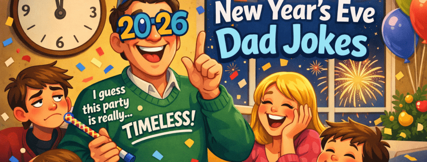Illustrated New Year’s Eve living room party with a cheerful dad in “2026” party glasses and a cone hat delivering a corny joke as family members smile, groan, and laugh around him. A wall clock nears midnight, confetti floats in the air, and fireworks burst outside the window. The title “250 New Year’s Eve Dad Jokes” appears prominently in a clean, modern font, with subtle branding text “FunAttic. Since 1998” in the bottom-right corner.