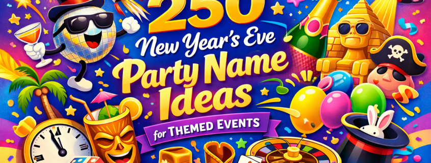 Whimsical New Year’s Eve illustration with bold “250 New Year’s Eve Party Name Ideas for Themed Events” text, colorful fireworks, a dancing disco ball, champagne, balloons, party icons, and playful themed elements on a bright festive background, with “FunAttic. Since 1998” in the bottom-right corner.