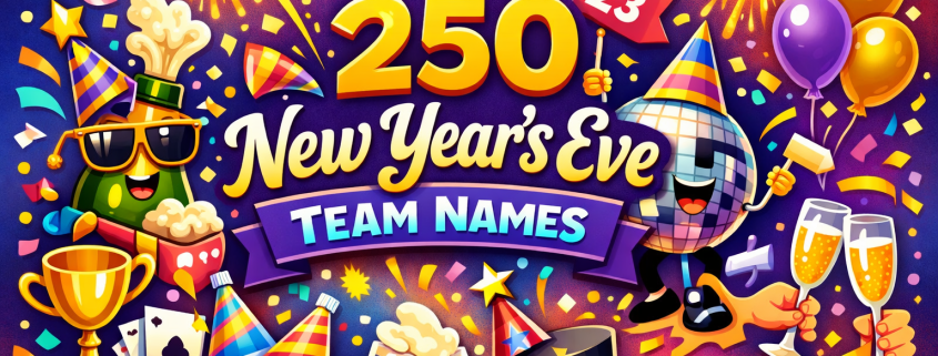 Vibrant New Year’s Eve–themed blog header illustration with bold, colorful typography reading “250 New Year’s Eve Team Names” centered on the image, surrounded by playful festive elements like fireworks, confetti, party hats, champagne glasses, balloons, and a countdown clock, all in a bright, whimsical digital art style, with “FunAttic. Since 1998” displayed in the bottom right corner.