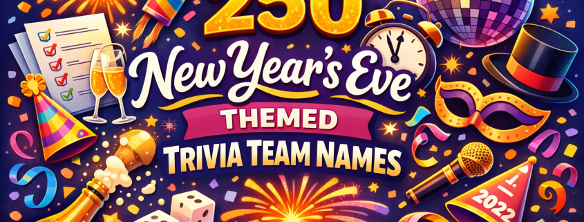 Vibrant illustrated New Year’s Eve blog header with bold central text reading ‘250 New Year’s Eve Themed Trivia Team Names,’ surrounded by colorful fireworks, confetti, champagne bottle, party hats, dice, microphone, disco ball, clock at midnight, and celebratory masks, in a playful modern digital art style. ‘FunAttic. Since 1998’ appears in the bottom right corner.