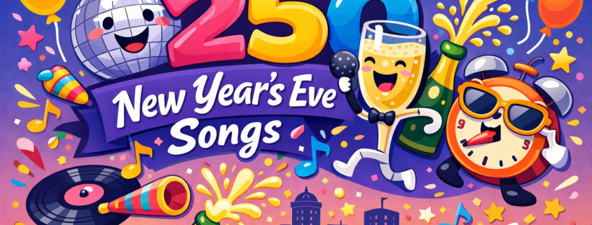 “Whimsical, colorful illustration celebrating New Year’s Eve music, featuring bold ‘250 New Year’s Eve Songs’ text surrounded by playful characters like a smiling champagne glass, disco ball, alarm clock, fireworks, confetti, musical notes, balloons, and a festive city skyline in bright saturated colors. Subtle white branding text ‘FunAttic. Since 1998’ appears in the bottom-right corner.”