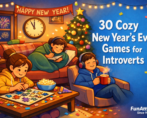 Cozy New Year’s Eve living room illustration with three introvert-friendly people relaxing. One works on a puzzle at a coffee table, another writes in a notebook on the couch, and a third listens to music with headphones while holding a warm mug. Soft string lights, a glowing clock near midnight, resting confetti, and gentle fireworks outside the window create a calm celebratory mood. The title ‘30 Cozy New Year’s Eve Games for Introverts’ appears on the right, with ‘FunAttic. Since 1998’ in the bottom corner.
