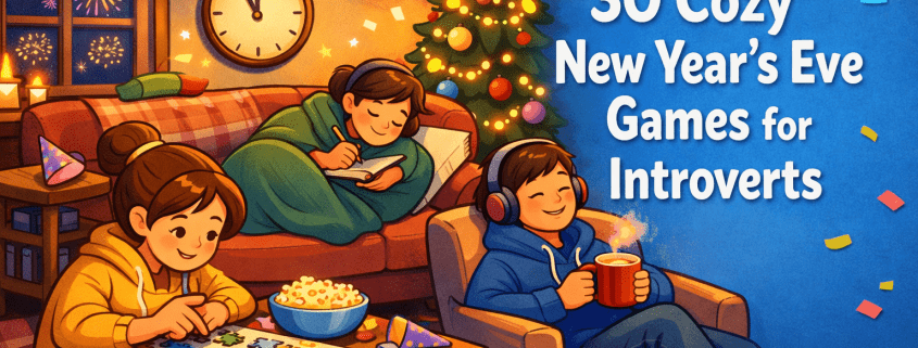 Cozy New Year’s Eve living room illustration with three introvert-friendly people relaxing. One works on a puzzle at a coffee table, another writes in a notebook on the couch, and a third listens to music with headphones while holding a warm mug. Soft string lights, a glowing clock near midnight, resting confetti, and gentle fireworks outside the window create a calm celebratory mood. The title ‘30 Cozy New Year’s Eve Games for Introverts’ appears on the right, with ‘FunAttic. Since 1998’ in the bottom corner.