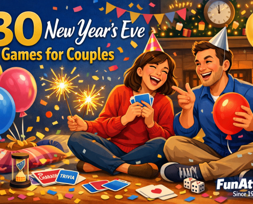 Illustrated New Year’s Eve scene of a joyful couple sitting on a cozy living room floor, laughing and playing games with cards, dice, balloons, confetti, and sparklers around them. Festive decorations and warm lighting create a celebratory mood. The title “30 New Year’s Eve Games for Couples” appears prominently in the upper left, with subtle branding text “FunAttic. Since 1998” in the bottom-right corner.