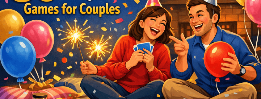 Illustrated New Year’s Eve scene of a joyful couple sitting on a cozy living room floor, laughing and playing games with cards, dice, balloons, confetti, and sparklers around them. Festive decorations and warm lighting create a celebratory mood. The title “30 New Year’s Eve Games for Couples” appears prominently in the upper left, with subtle branding text “FunAttic. Since 1998” in the bottom-right corner.