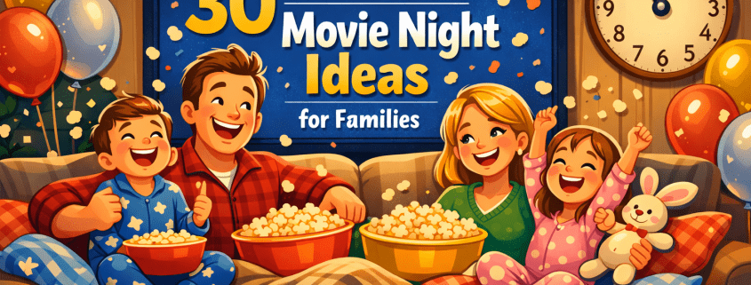 Illustration of a cozy family living room on New Year’s Eve, styled in a playful, polished FunAttic-inspired look. Parents and two kids in pajamas sit on a couch laughing as popcorn pops into the air, with blankets, bowls, balloons, and scattered confetti around them. Warm string lights glow overhead, a clock nears midnight, and a softly lit TV displays the title “30 New Year’s Eve Movie Night Ideas for Families.” The scene feels joyful and calm, with a warm foreground, softly detailed background, and subtle branding text “FunAttic. Since 1998” in the bottom-right corner.