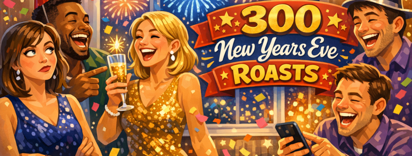 Illustrated New Year’s Eve party scene with a diverse group of friends laughing and playfully roasting each other as confetti falls. One person rolls their eyes, another raises a sparkling drink, and someone laughs while checking their phone. Fireworks glow through a window in the background. A festive banner reads “300 New Years Eve Roasts,” with subtle “FunAttic. Since 1998” branding in the bottom-right corner.