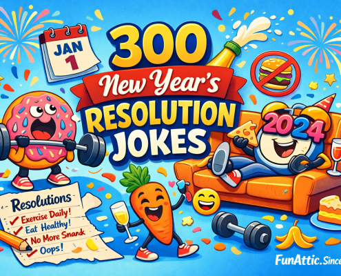 Whimsical digital illustration of '300 New Year’s Resolution Jokes' featuring playful cartoon characters including a donut lifting weights, a smiling carrot holding champagne, and a lounging alarm clock wearing '2024' glasses eating pizza. The scene includes fireworks, confetti, a humorous list of resolutions, and vibrant celebratory elements in bold, saturated colors. 'FunAttic. Since 1998' is displayed in the bottom-right corner.”