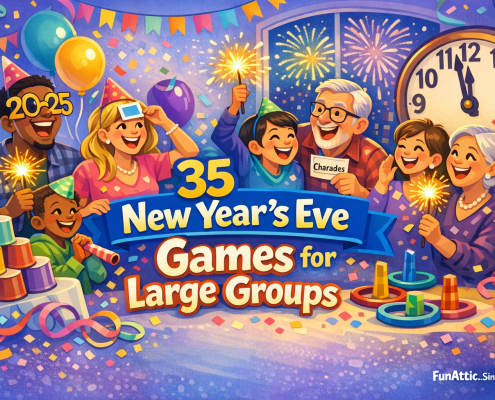 Illustrated New Year’s Eve party scene in a bright, playful style showing a diverse group of adults and families laughing and playing party games. People wear party hats and novelty “2025” glasses, hold sparklers, and celebrate amid confetti, balloons, and streamers. A large countdown clock nears midnight while fireworks glow outside a window. Bold, readable title text reads “35 New Year’s Eve Games for Large Groups,” with subtle branding in the bottom-right corner: “FunAttic. Since 1998.”